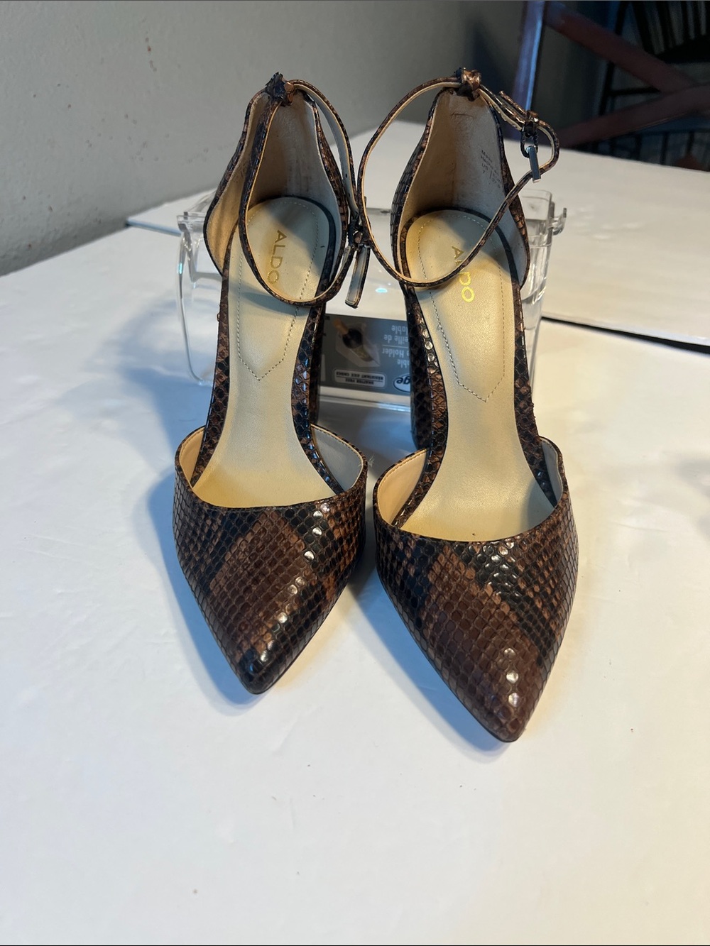 ALDO Brown Snake-Print Pointed Toe Ankle-Strap Pumps